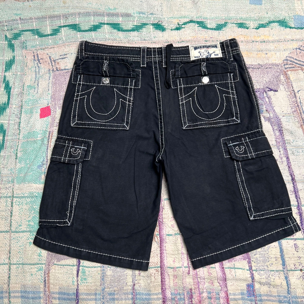 True Religion Shorts Men's 40 Jet Black Cargo Shorts Utility Pockets